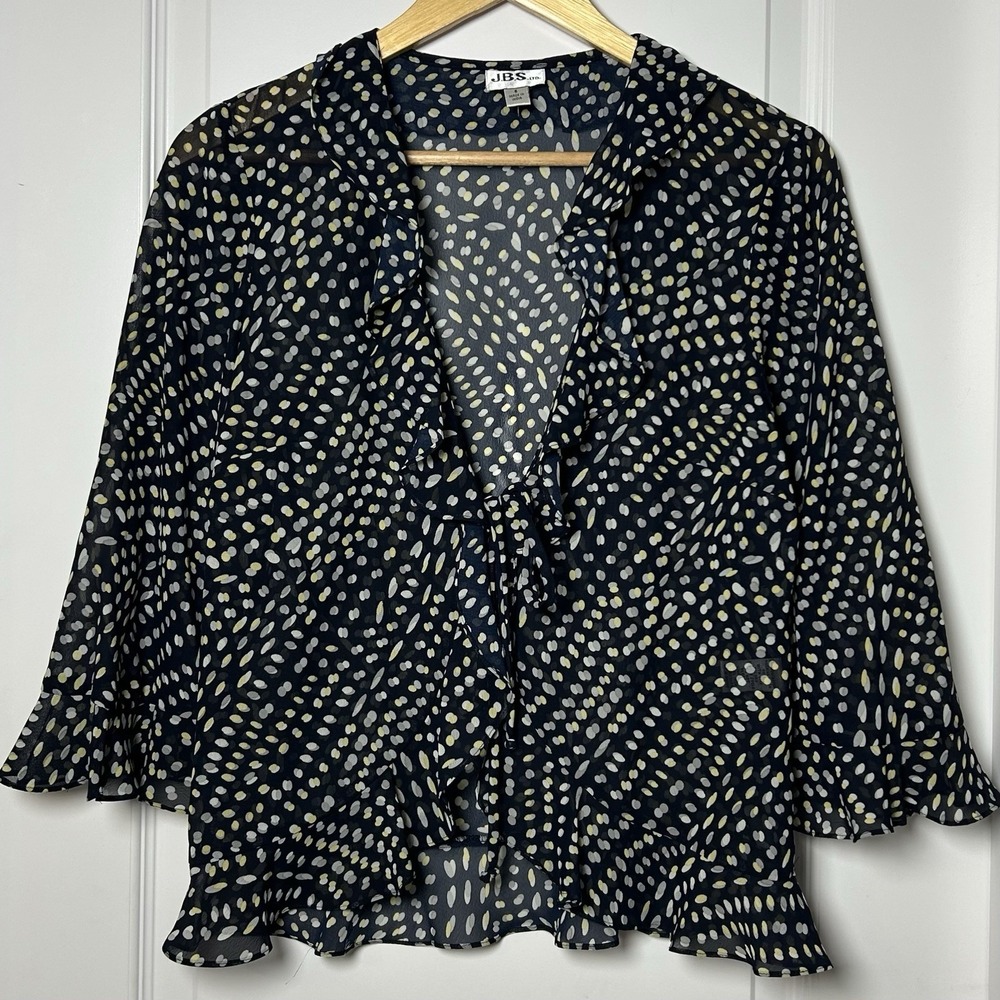 J.B.S. Ltd. Vintage Chiffon Black Spot Print Ruffle Wrap Blouse Boho Indie Style